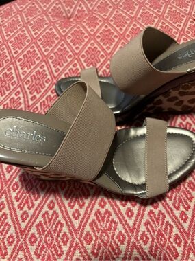 Charlies Taupe Elastic Strap Leopard Wedge Sandals
